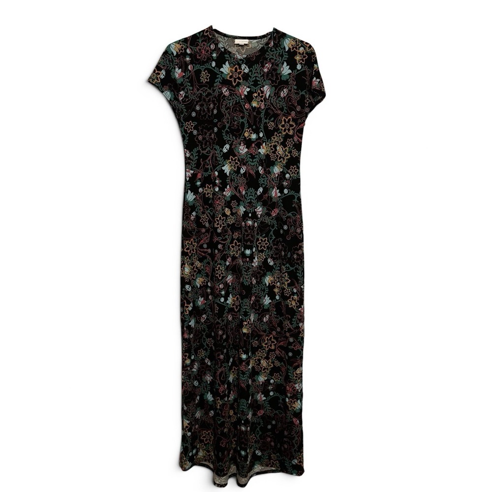 LuLaRoe Julia Dress XS Black Floral Stretch Short Sleeve Maxi Made USA